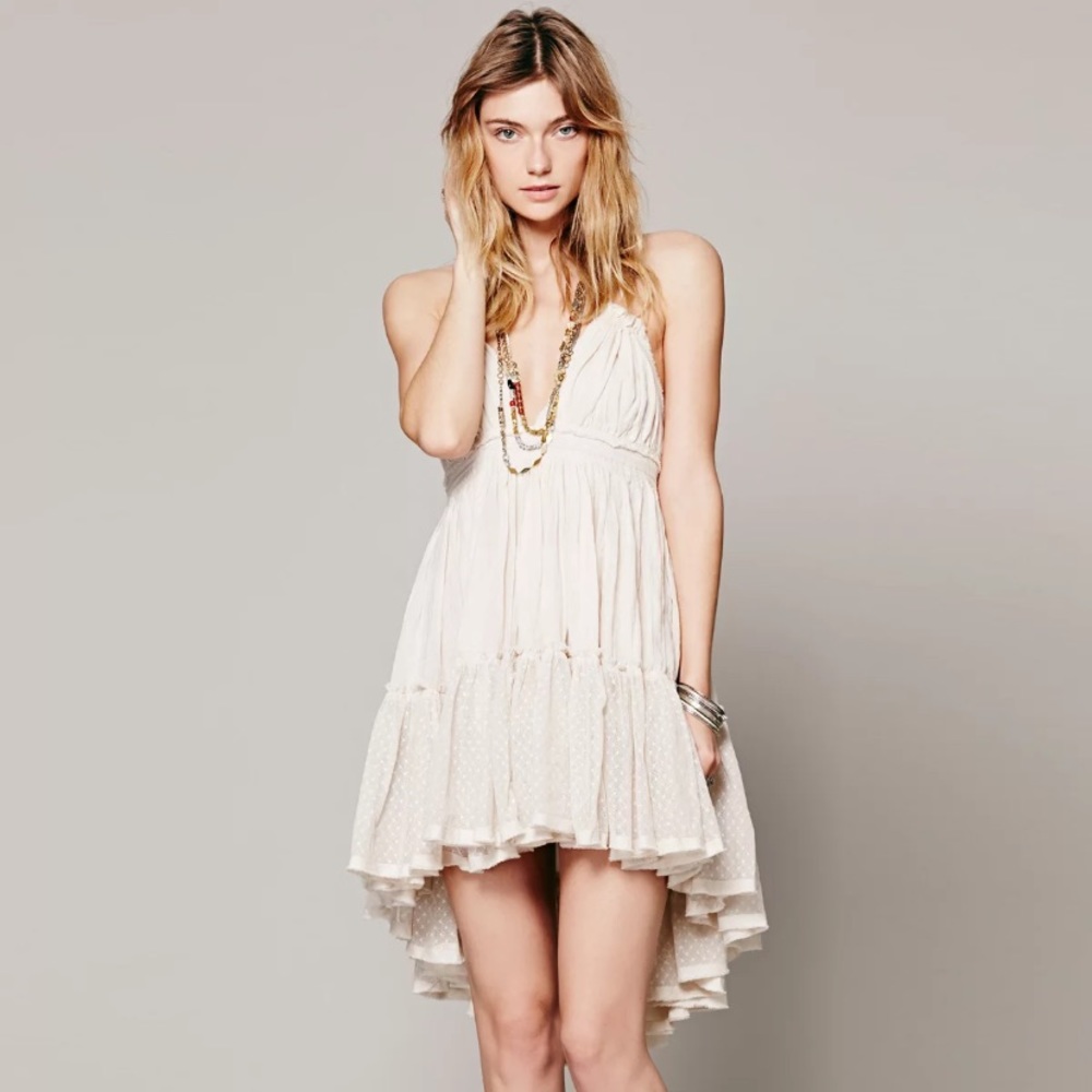SOLD OUT Ivory Swiss Dot Mesh Boho Halter Mini Dress - Picture 2 of 6